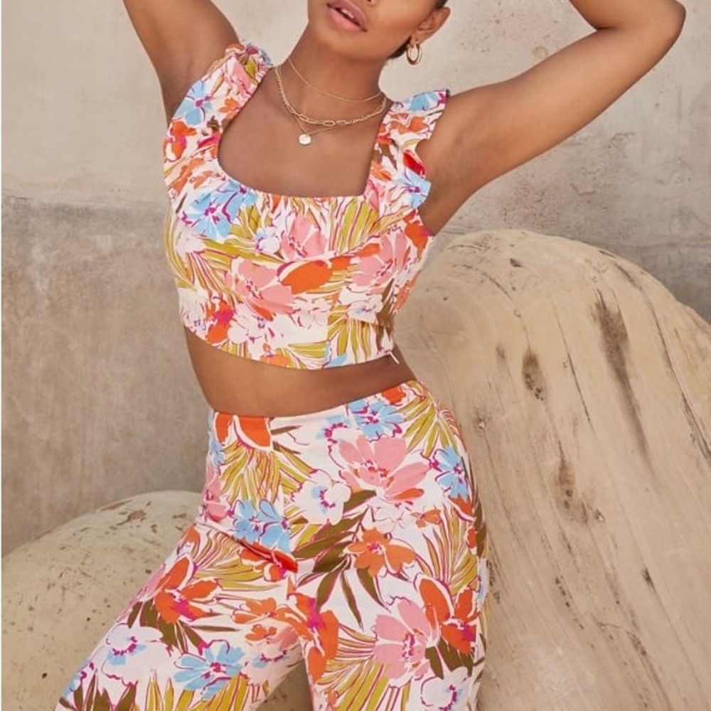 NWT JustFab Floral Casual Linen 2 Piece Summer Pant Set